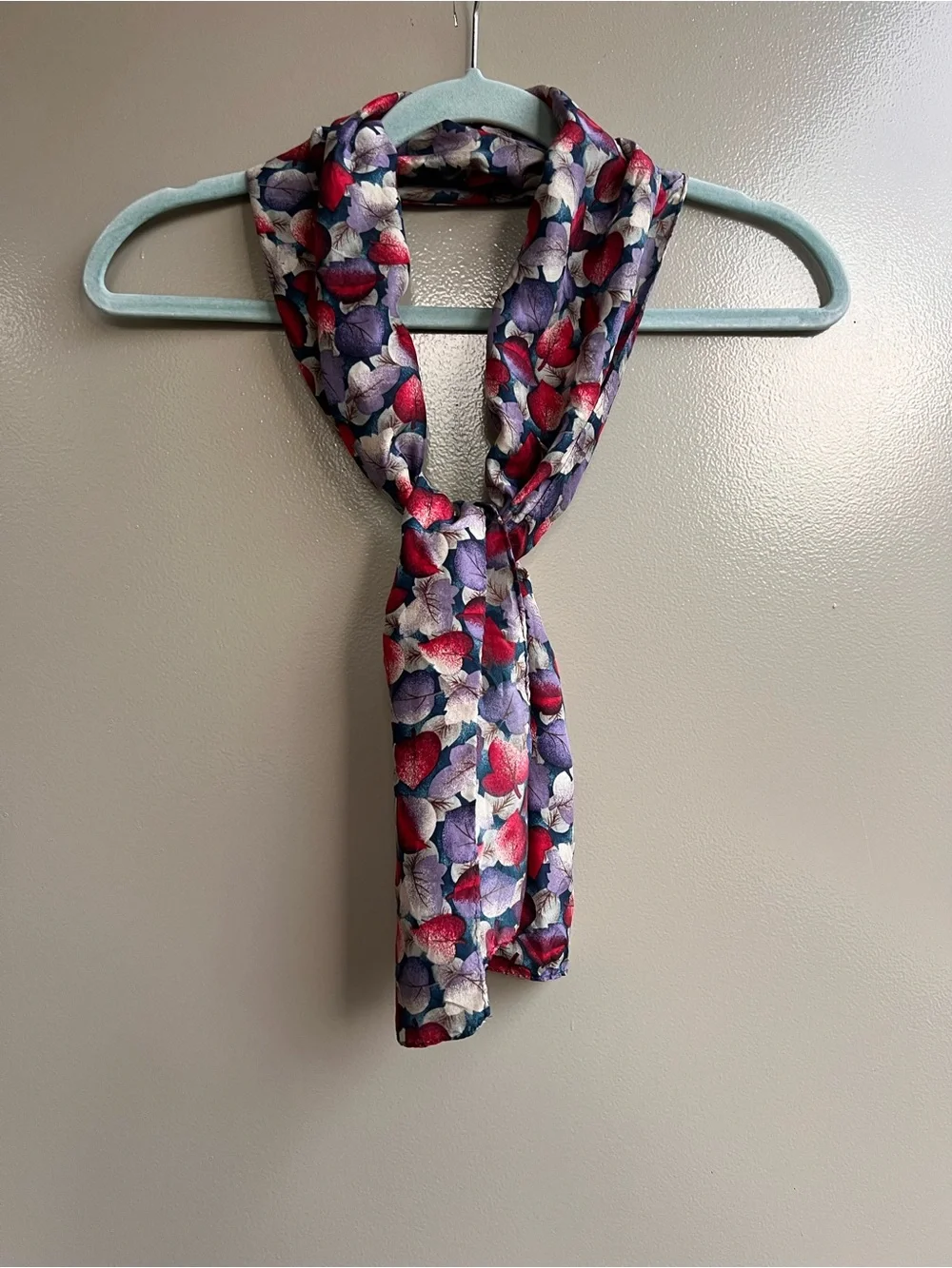 Vintage 100% Silk Long Scarf Red Purple Leaf Print Korean Made Festival Artsy OS